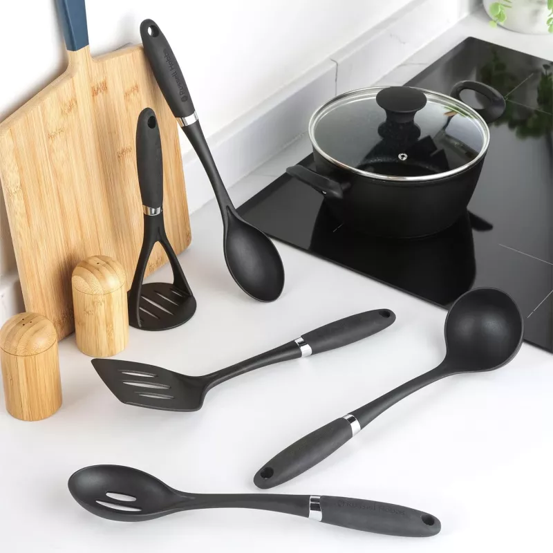 Russell Hobbs RH03026EU7 5-teiliges Küchenhelfer-Set mit Drehständer, Schwarz und Silber