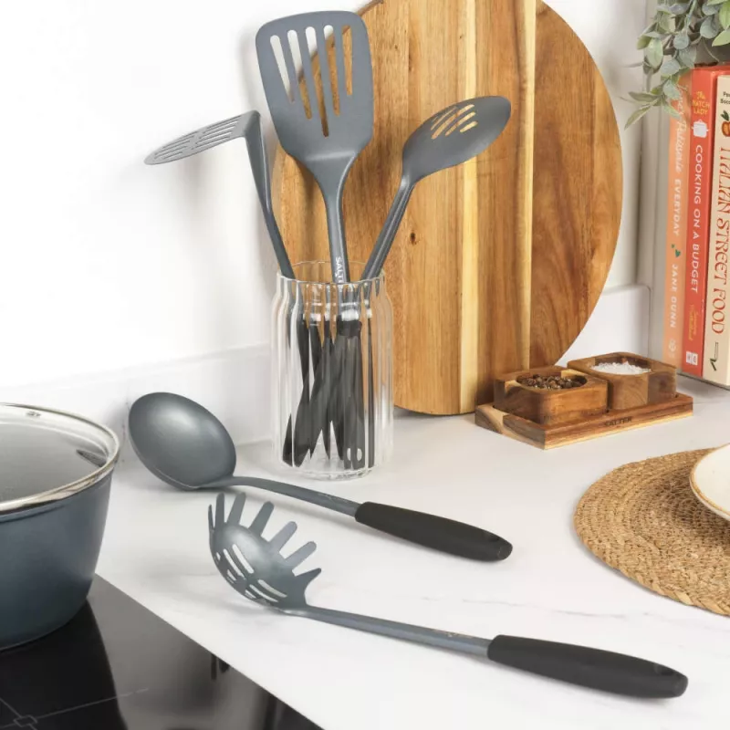 Salter BW13601DU Excellence 5-teiliges Küchenutensilien-Set mit Drehständer, Schwarz und Silber