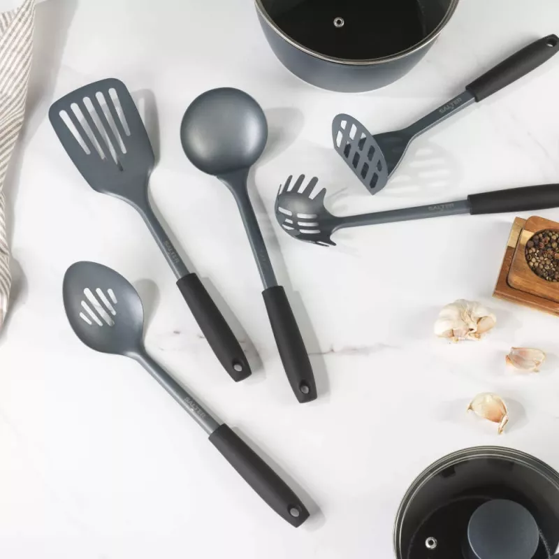 Salter BW13601DU Excellence 5-teiliges Küchenutensilien-Set mit Drehständer, Schwarz und Silber