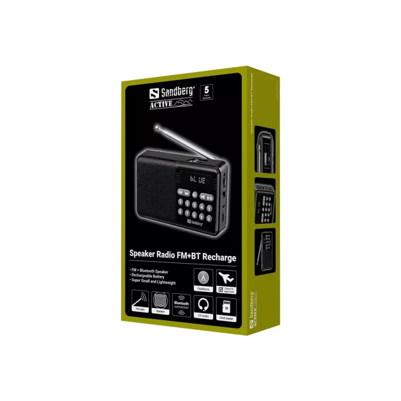 SANDBERG Speaker Radio FM+BT Recharge Tragbarer Bluetooth-Lautsprecher mit FM-Radio, AUX, USB, MicroSD, 6W, Schwarz
