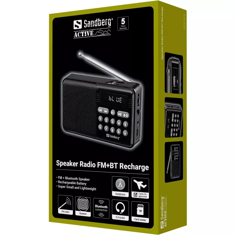 SANDBERG Speaker Radio FM+BT Recharge Tragbarer Bluetooth-Lautsprecher mit FM-Radio, AUX, USB, MicroSD, 6W, Schwarz