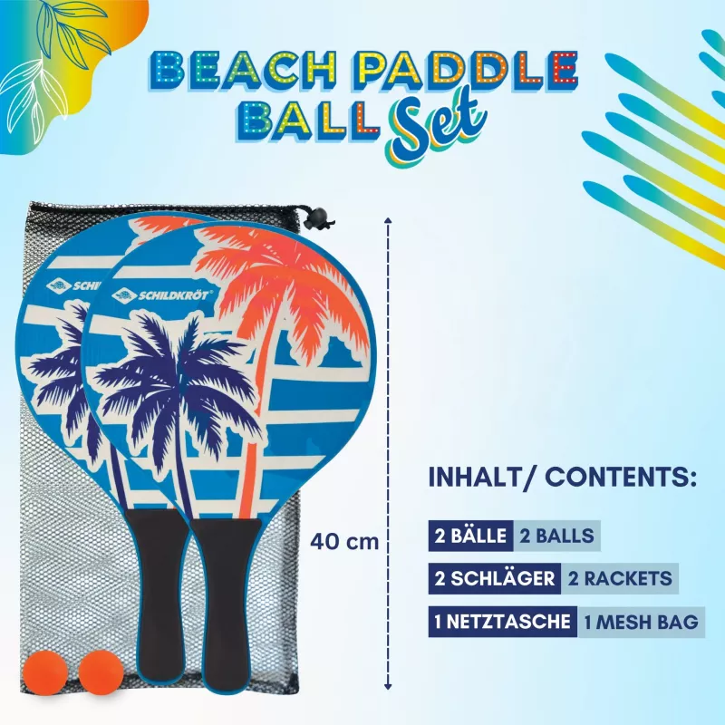 SCHILDKRÖT Beach-Paddle-Ball-Set, 4-teilig, 2 lackierte Holzschläger, 2 Gummibälle, 378 mm 970157