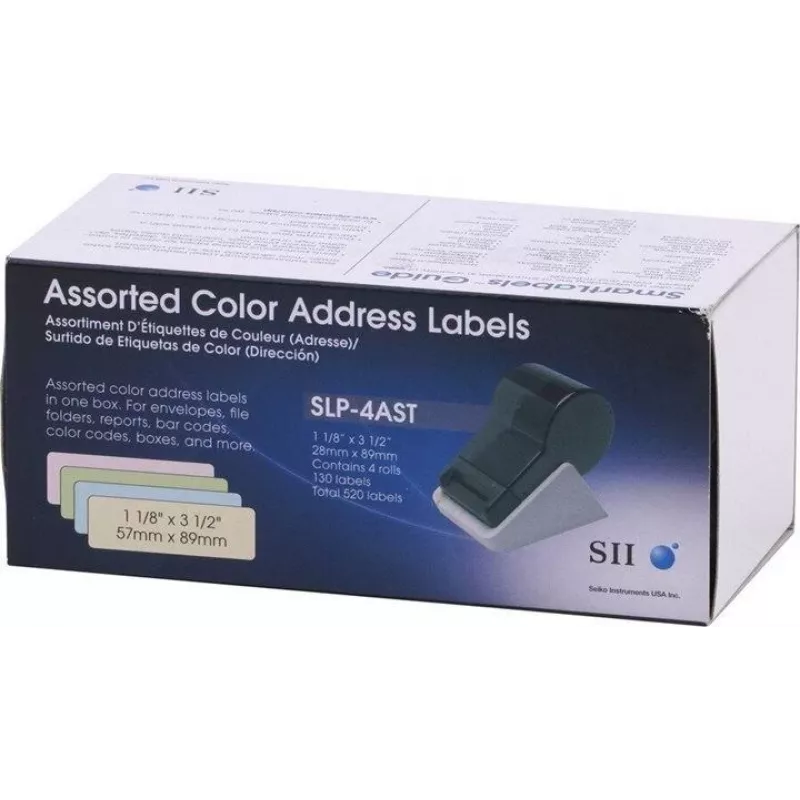 Seiko SLP-4AST Adressetiketten in verschiedenen Farben - 28 x 89 mm, 520 Etiketten (4 Rollen à 130) für Smart Label Printer 420/425/430/440/450 16.06.2037