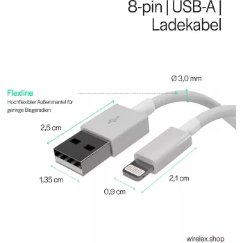 SHIVERPEAKS Flexline USB Charge & Sync Cable, USB-A auf 8-Pin (Lightning), 2.0, ABS, Weiß, 1,5m (FL31-12042)