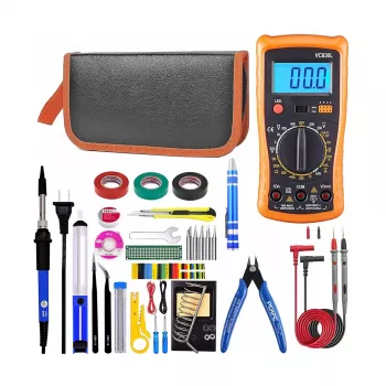 Lötstation Set Großer Koffer E6180 – 60 W einstellbarer Keramik-Lötkolben mit 6 Spitzen, Entlötpumpe, Ständer, Flussmittel, Pinzette, Lötzinn, Schrumpfschlauch, Schraubendreher, Schwamm im Hartschalenkoffer