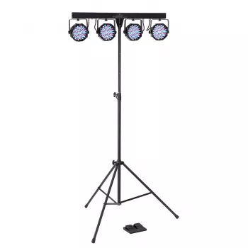 Soundsation 4LEDKIT-PARTY2 4-in-1 LED-Beleuchtungsset mit Derby, PAR, Strobe, Laser, Stativ, IR-Fernbedienung und Fußschalter