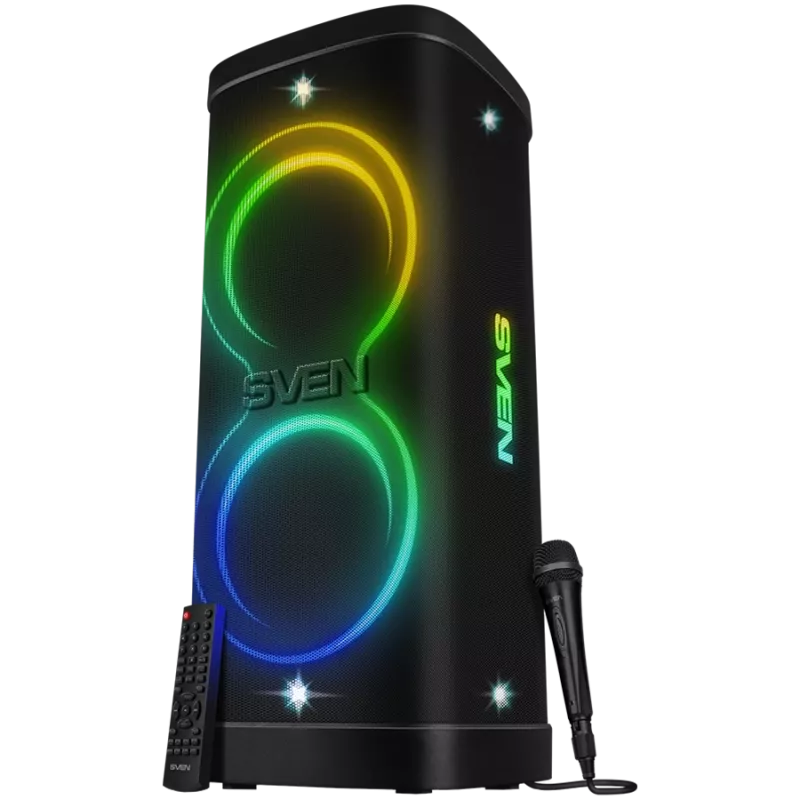 Party-Box Lautsprecher SVEN PS-1250, Schwarz (300W, TWS, IPx4, Bluetooth, FM, USB, microSD, LED-Display, 13500mAh)