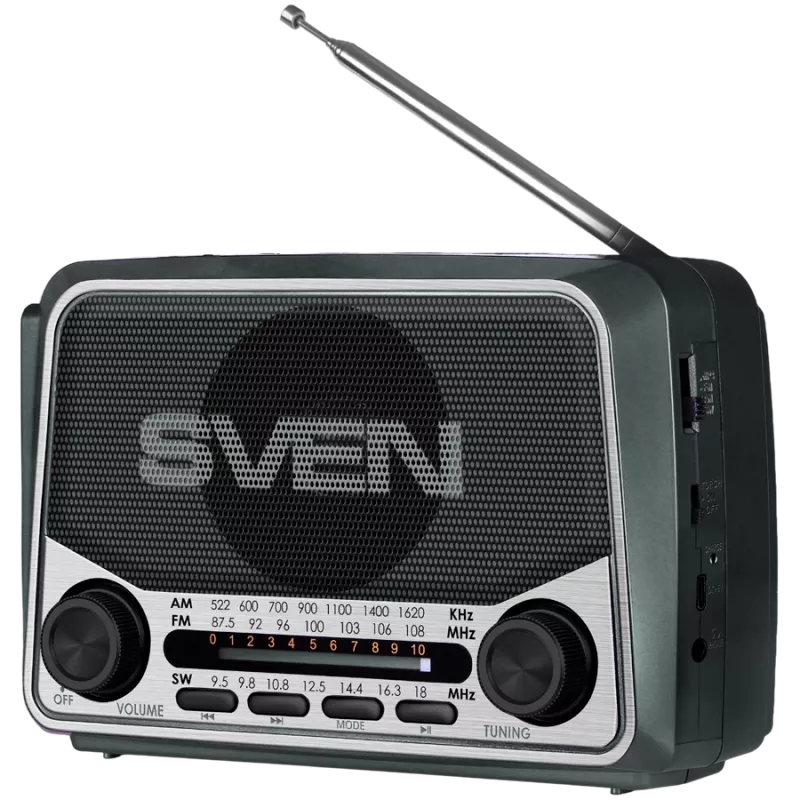 Lautsprecher SVEN SRP-150, Grau (3W, Bluetooth, FM/AM/SW, USB, microSD, Taschenlampe, Akku)