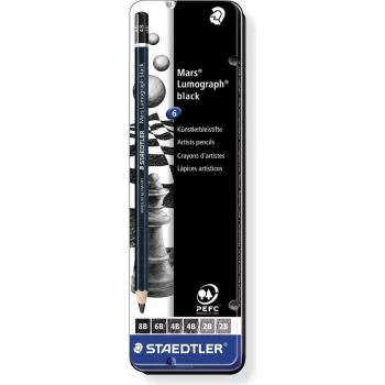 Staedtler Mars Lumograph 100B G6 Graphitstift-Set – 6 verschiedene Härtegrade (8B–B), sechskantig, PEFC-zertifiziert