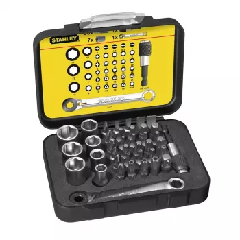 STANLEY 39-teiliger 1/4-Zoll-Bit- und Steckschlüsselsatz mit R.360NANO-Gelenkkopf-Ratsche