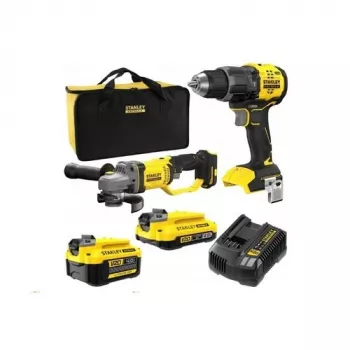 STANLEY V20 18V Akku-Twin-Set – SFMCD716 Bürstenloser Schlagbohrschrauber + SFMCG400 Bürstenloser Winkelschleifer, 2.0Ah & 4.0Ah Akkus, Ladegerät, Softbag