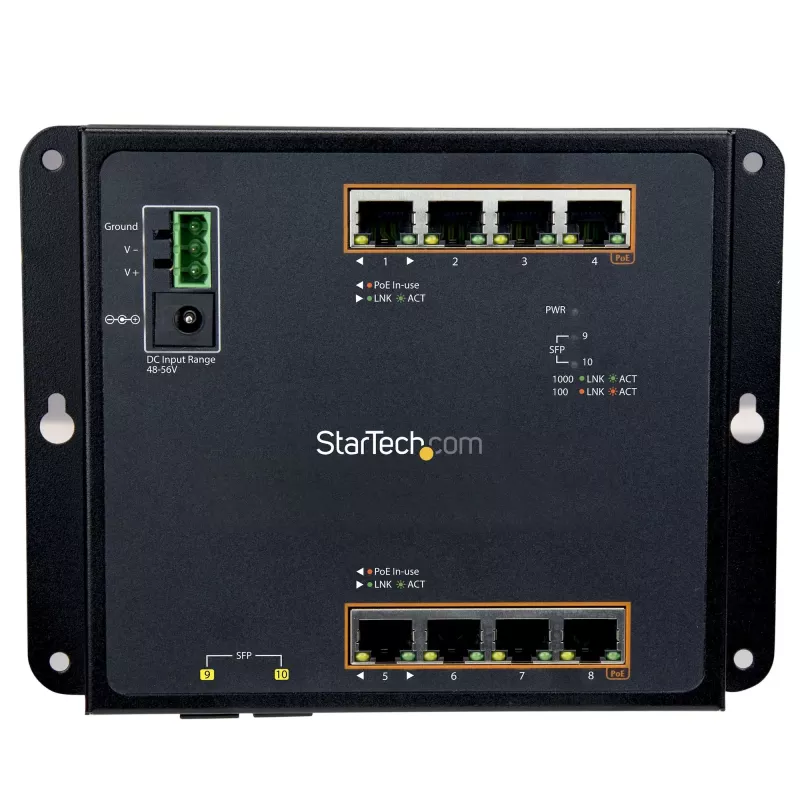 StarTech.com 8 Port PoE+ Gigabit Ethernet Managed Industrial Switch mit 2 SFP-Ports - Wandmontierbar mit Frontzugang