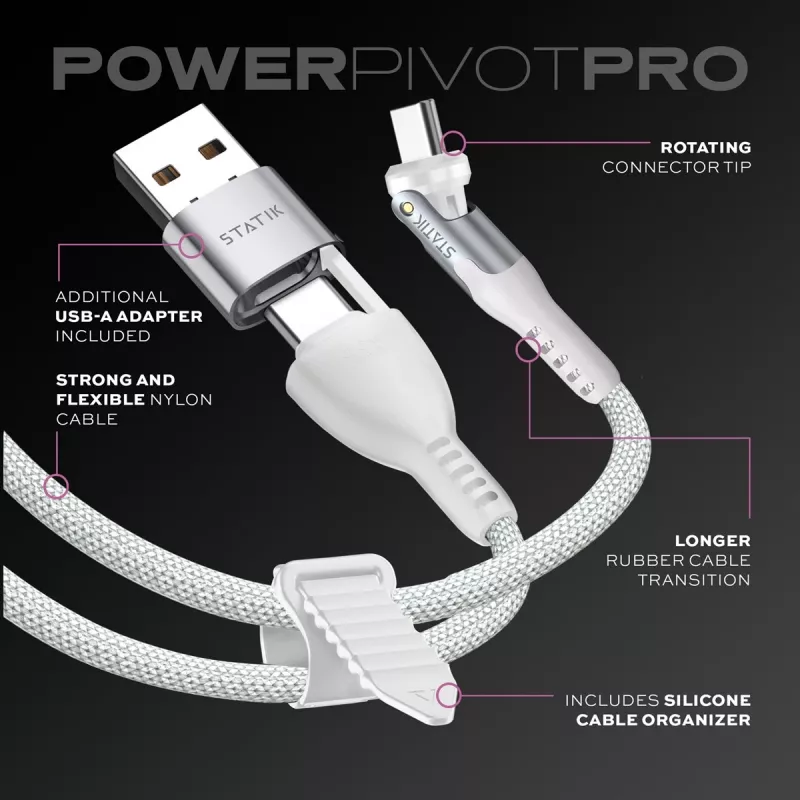 STATIK PowerPivot Pro Nylon Braided Cable, USB-C auf USB-C, 1m, Weiß