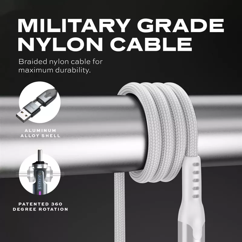STATIK PowerPivot Pro Nylon Braided Cable, USB-C auf USB-C, 1m, Weiß