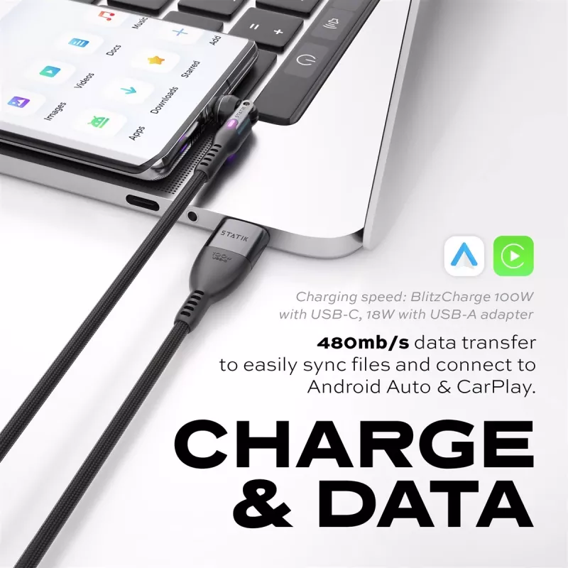 STATIK PowerPivot Pro Nylon Braided Cable, USB-C auf USB-C, 2m, Schwarz