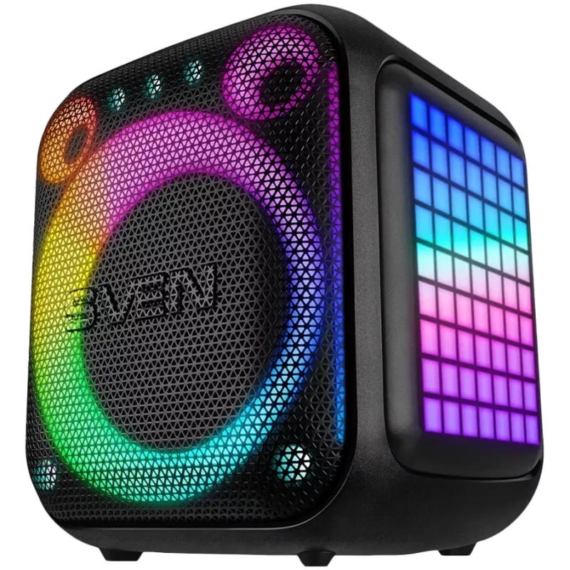 SVEN PS-880 Tragbarer Bluetooth-Lautsprecher, 110W RMS, TWS, FM, USB, microSD, LED-Display, Lithium-Akku, Schwarz