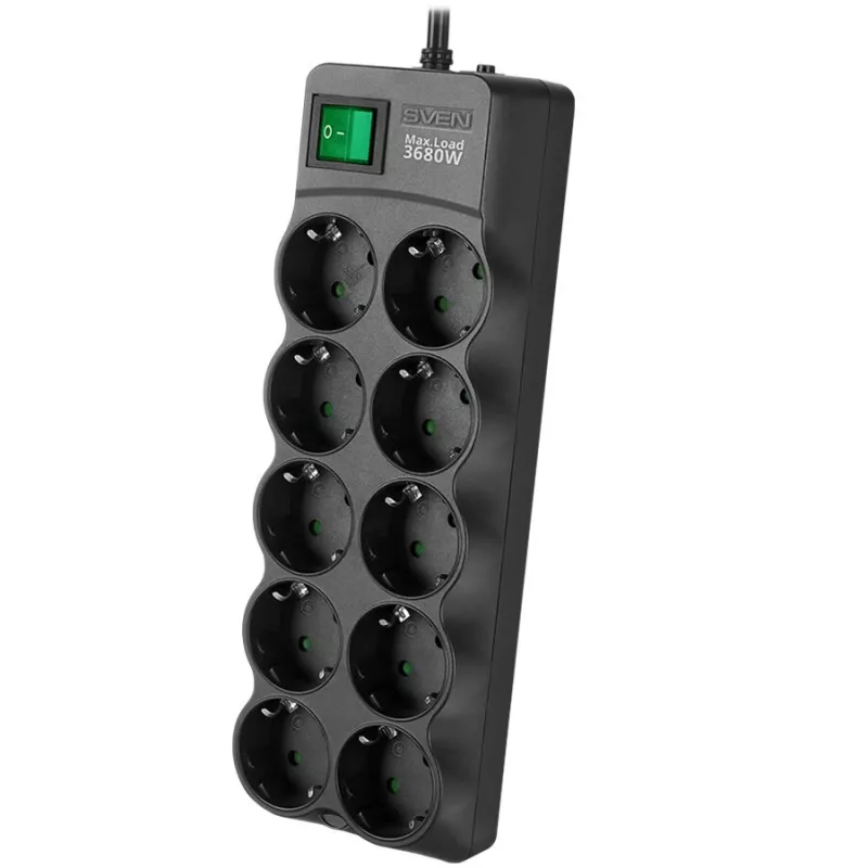 SVEN SF-10E-16 Überspannungsschutz Steckdosenleiste, 10 Steckdosen, 16A, 3,6kW, 1,8m, Schwarz