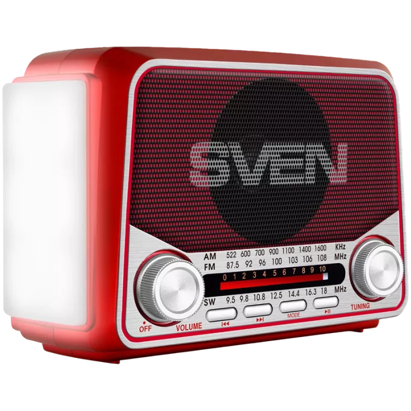 SVEN SRP-150 Tragbarer Lautsprecher, Rot (3W, Bluetooth, FM/AM/SW, USB, microSD, Taschenlampe, Akku)