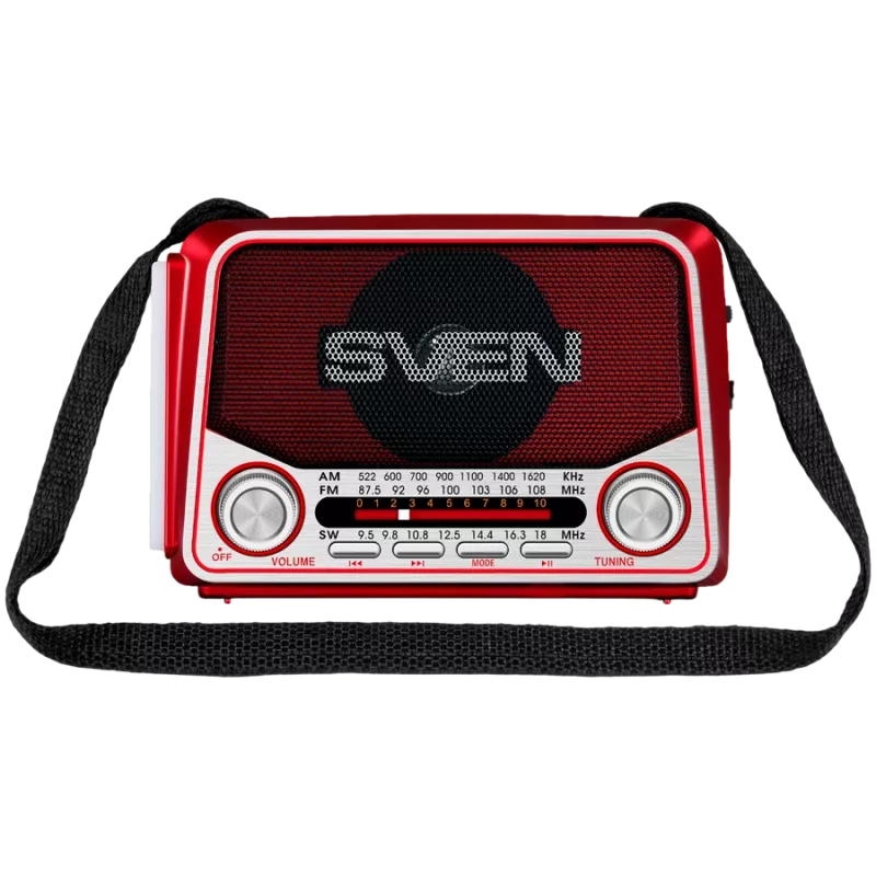 SVEN SRP-150 Tragbarer Lautsprecher, Rot (3W, Bluetooth, FM/AM/SW, USB, microSD, Taschenlampe, Akku)