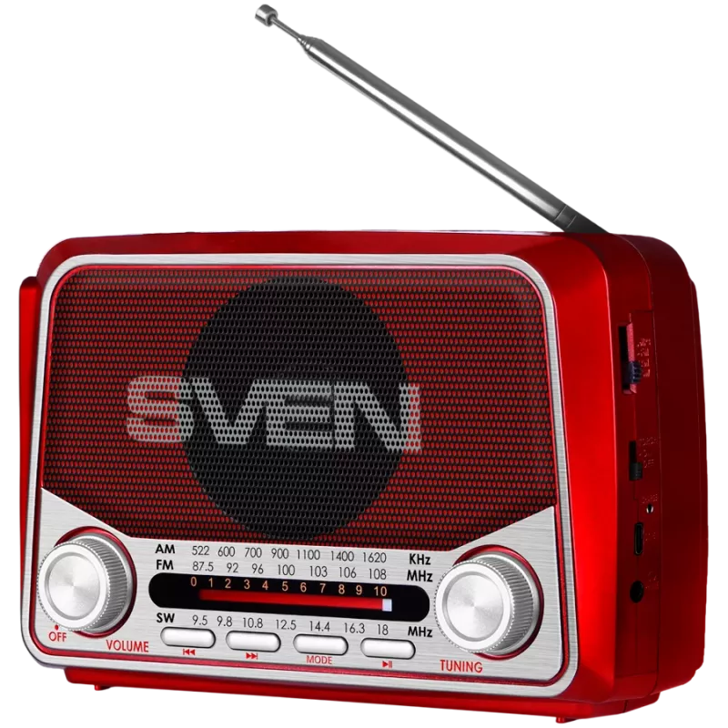 SVEN SRP-150 Tragbarer Lautsprecher, Rot (3W, Bluetooth, FM/AM/SW, USB, microSD, Taschenlampe, Akku)