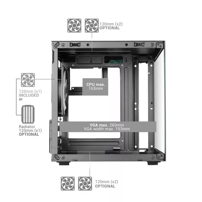 TACENS MARS MC-CUBE Micro-ATX Gehäuse, Schwarz, Tempered Glass, ARGB, USB-C