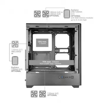 TACENS MARS MC-QUANTUM Mid-Tower ATX-Gehäuse mit 3x120mm FDB-Lüftern + 1x120mm ARGB-Lüfter, USB-C, gehärtetem Glas, Schwarz