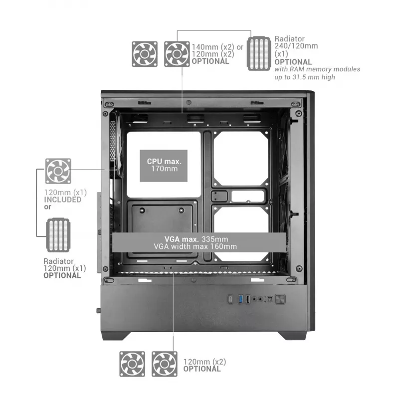 TACENS MARS MC-QUANTUM Mid-Tower ATX-Gehäuse mit 3x120mm FDB-Lüftern + 1x120mm ARGB-Lüfter, USB-C, gehärtetem Glas, Schwarz