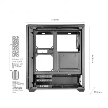 TACENS MARS MC-QUANTUM Mid-Tower ATX-Gehäuse mit 3x120mm FDB-Lüftern + 1x120mm ARGB-Lüfter, USB-C, gehärtetem Glas, Schwarz