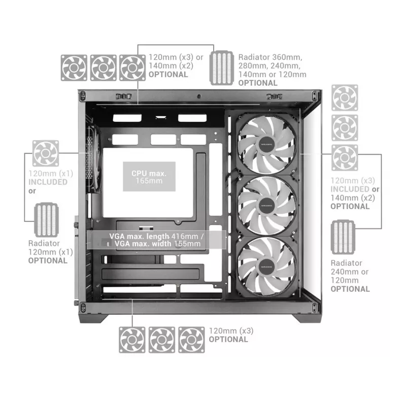 TACENS MARS MC-V5 4xARGB USB-C ATX Mid-Tower Gehäuse mit gehärtetem Glas