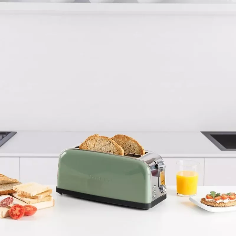 Taurus Vintage Toaster in Olivgrün, 1500 W, 2 lange Schlitze, 7 Bräunungsstufen, Auftauen, Aufwärmen, Edelstahl