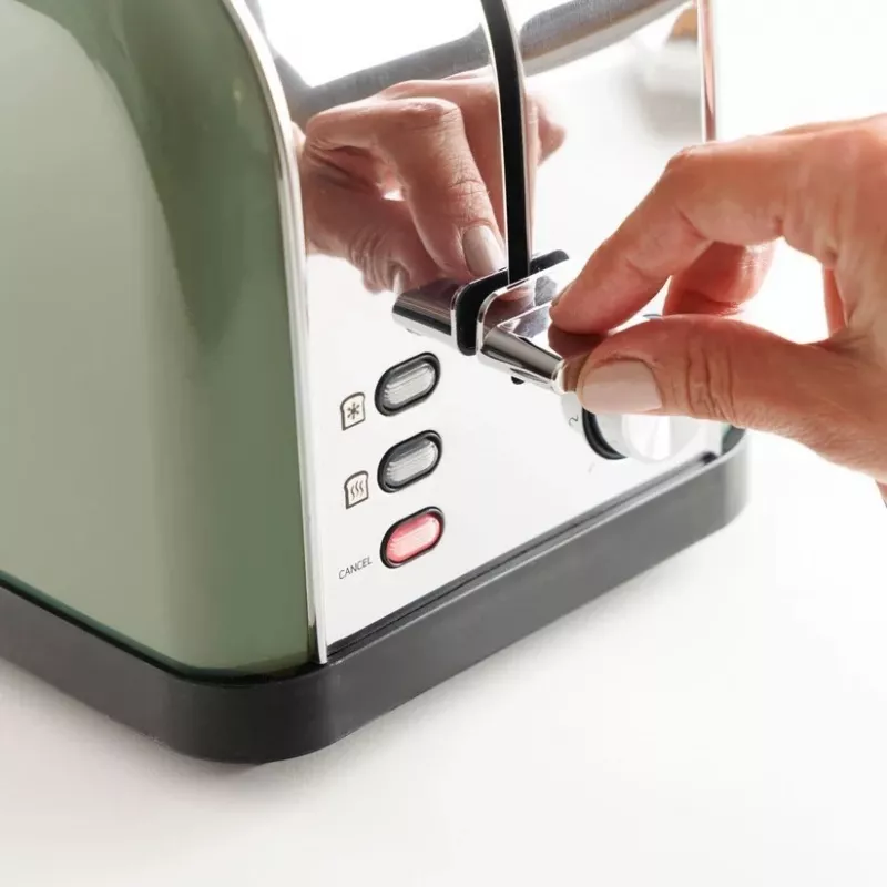 Taurus Vintage Toaster in Olivgrün, 1500 W, 2 lange Schlitze, 7 Bräunungsstufen, Auftauen, Aufwärmen, Edelstahl