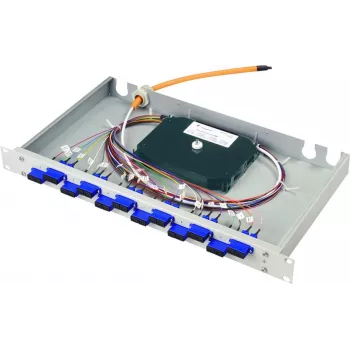 Telegärtner BASIS eco 1U 19 inch Glasfaser-Patchpanel, 12x LC Duplex, 24x OS1 Pigtails, Blau