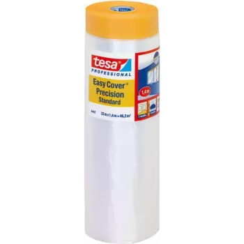 tesa 04402-00000-01 Easy Cover® Universal Abdeckfolie mit Klebeband, 17 m x 2,6 m, transparentes HDPE, gelb/beiges Papierklebeband, Naturkautschuk-Klebstoff, 1 Rolle
