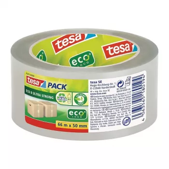 Tesa 58297-00000-01 Transparentes PVC-Verpackungsband, 66 m x 50 mm, Naturkautschuk-Klebstoff, 60 N Zugfestigkeit, 1 Rolle