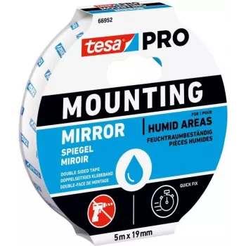 tesa Montage PRO Spiegel 66952-00001-00 Doppelseitiges Acrylschaumstoff-Klebeband, Weiß, 5 m x 19 mm, für Spiegel und flache Gegenstände, hält bis zu 10 kg pro 10 cm