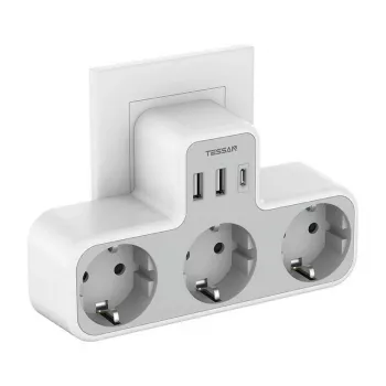 TESSAN Wandsteckdose TS-323-DE-C mit 3 AC-Steckdosen und 3 USB-A-Anschlüssen, 16A, 3680W, Weiß