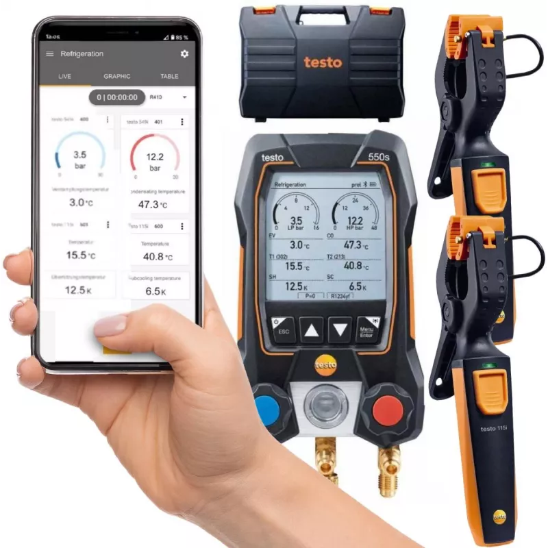 Testo 550s Smart Set digitales Verteiler-Set mit Bluetooth und Klemmfühlern 0564 5502