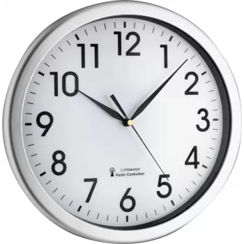 TFA Dostmann 60.3519.02 Corona Funk-Wanduhr, silberner Aluminiumrahmen, weißes Zifferblatt, 300 mm 60.010363