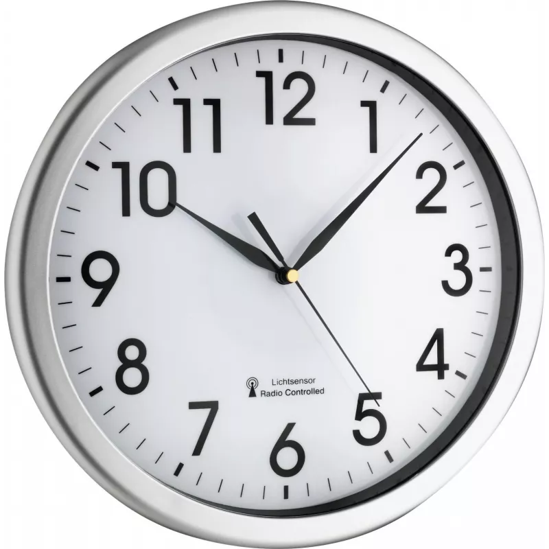 TFA Dostmann 60.3519.02 Corona Funk-Wanduhr, silberner Aluminiumrahmen, weißes Zifferblatt, 300 mm 60.010363