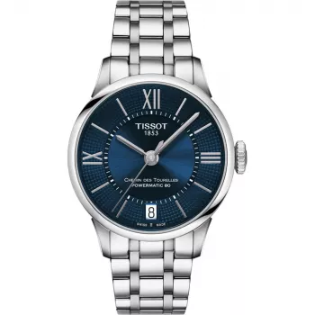 TISSOT T-Classic Chemin des Tourelles Damen Automatikuhr 32mm blaues Perlmuttzifferblatt mit Diamantindizes Edelstahlarmband
