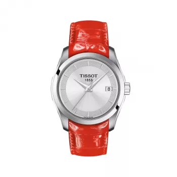 TISSOT T-Classic Couturier Damenuhr T035210160310 32mm Silbernes Zifferblatt Weißes Lederarmband