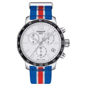 TISSOT T-Sport Quickster Herren-Chronograph Uhr 42mm Silbernes Zifferblatt Blaues und Rotes Nylonband T09541717371