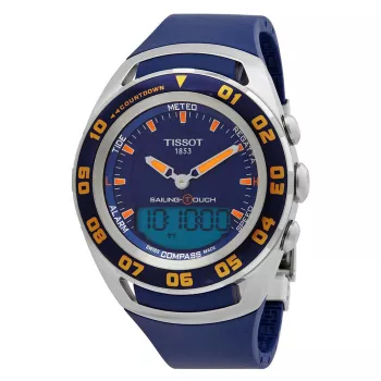TISSOT T-Touch II Herrenuhr T056420270410 - 45mm Titangehäuse, blaues Kautschukband, Swiss-Quartz-Chronograph mit Höhenmesser, Barometer, Kompass, Thermometer