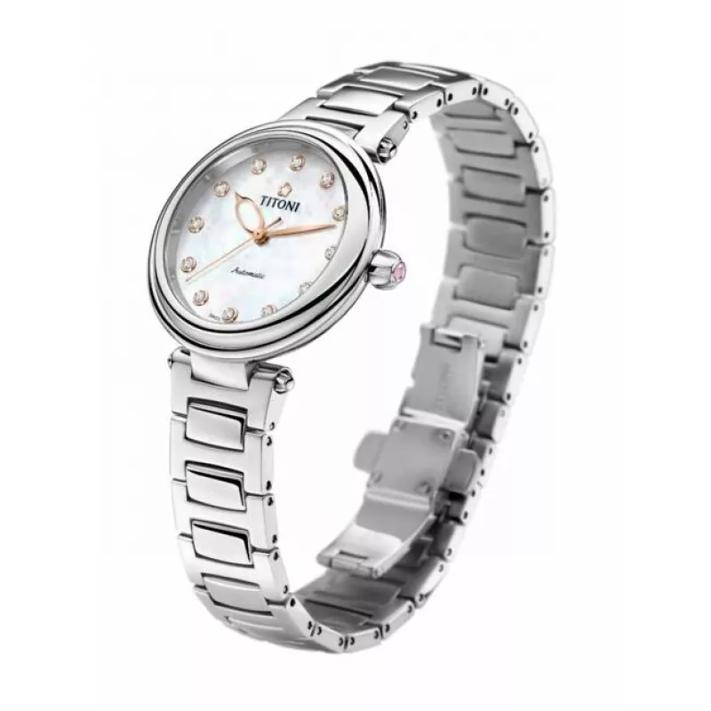 TITONI Damen Automatikuhr 23978SRG-622 33,5mm Roségold PVD Edelstahl Weißes Perlmuttzifferblatt Diamantindizes