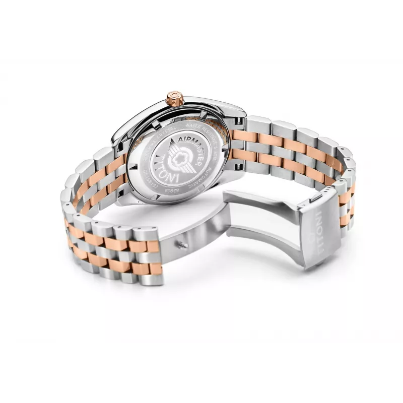 TITONI Herren Automatikuhr 83909SRG-063 38,5mm Roségold PVD Edelstahl Silbernes Zifferblatt Braunes Lederarmband