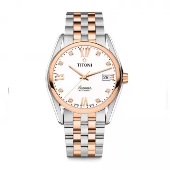TITONI Herren Automatikuhr 83909SRG-063 38,5mm Roségold PVD Edelstahl Silbernes Zifferblatt Braunes Lederarmband