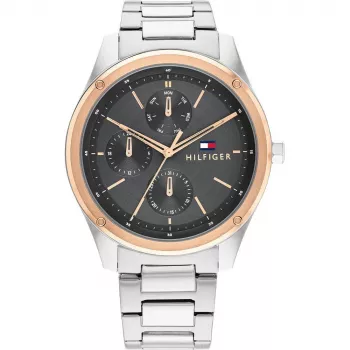 Tommy Hilfiger Herren 1710541 Analog Quarzuhr 44mm Edelstahlgehäuse Braunes Lederarmband Blaues Zifferblatt