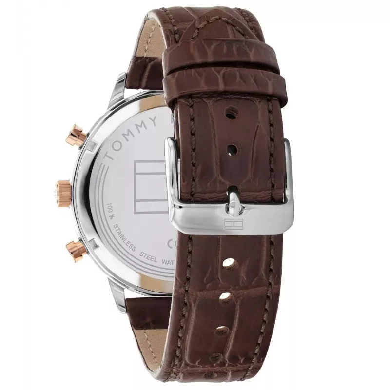 Tommy Hilfiger Herrenuhr 1791987 44mm Edelstahlgehäuse Braunes Lederarmband Blaues Zifferblatt