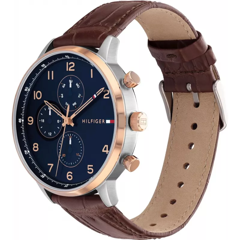 Tommy Hilfiger Herrenuhr 1791987 44mm Edelstahlgehäuse Braunes Lederarmband Blaues Zifferblatt