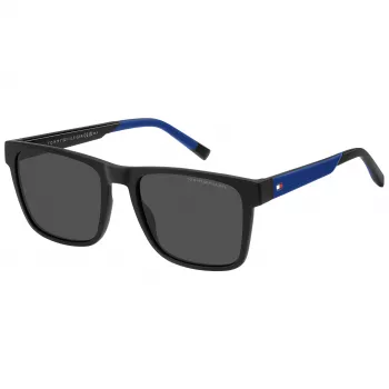 TOMMY HILFIGER TH-2144-S-D51 Herren Rechteck-Sonnenbrille - Schwarzer Acetatrahmen, graue Polycarbonatgläser 55/19/145 mm